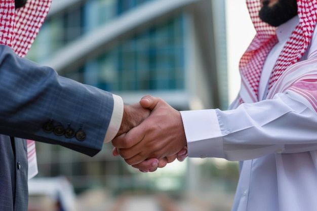 business handshake in front of a modern building premium ai generated image